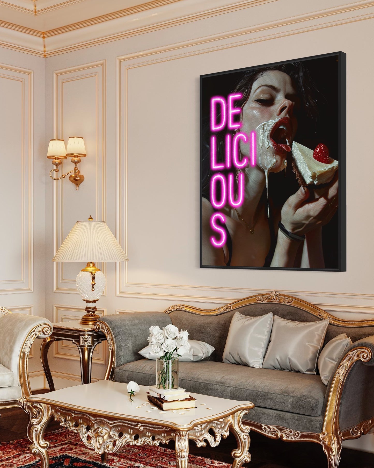 woman on canvas eating cake super cool art work